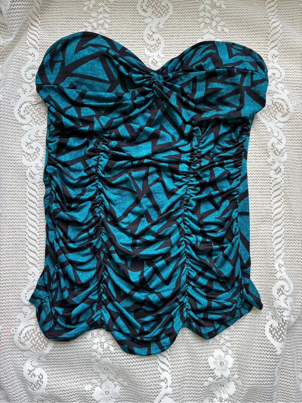 Strapless Ruched Geo-Print Bustier Top in Teal and Black